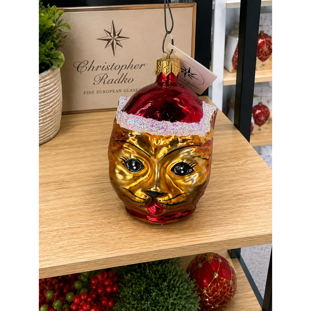 Christopher Radko 1994 Cat Santa Hat Glass Christmas Ornament Poland Vintage Tag
